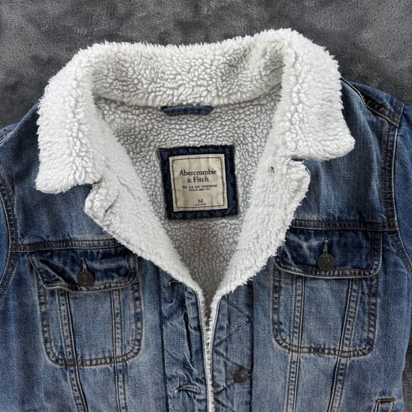Abercrombie Fitch Sherpa Lined Denim Jacket Men S Blue Trucker Distressed - Picture 3 of 8